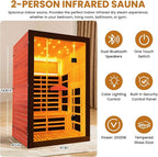 Far Infrared Sauna for Home 2 Person Sauna for Home Okoume Wood Red Sauna with Low EMF Infrared Sauna 2000W Dry Sauna 2 Person with 7 Colorful Light, Speaker and Tempered Glass Door