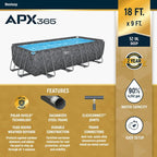 Bestway APX 365 18' x 9' x 52" Rectangular Above Ground Swimming Pool Outdoor Backyard Framed Pool Set with Sand Filter Pump, Ladder, and Cover, Gray