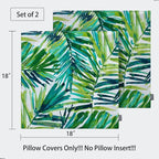 Magpie Fabrics Patio Pillow Covers ONLY 18"x18", Set of 2, Fade-Resistant Outdoor Indoor Decorative Throw Pillowcase Shell for Couch Garden Furniture - Green Palm Leaves