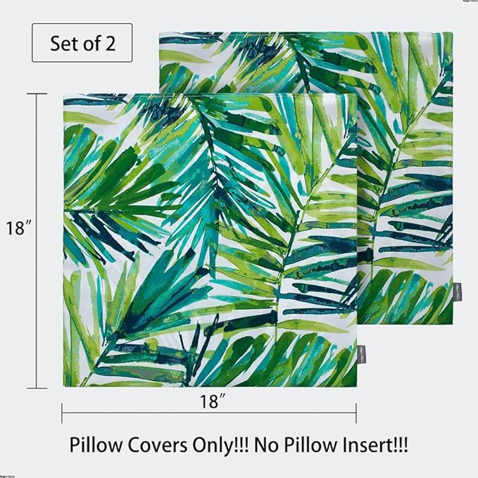 Magpie Fabrics Patio Pillow Covers ONLY 18"x18", Set of 2, Fade-Resistant Outdoor Indoor Decorative Throw Pillowcase Shell for Couch Garden Furniture - Green Palm Leaves