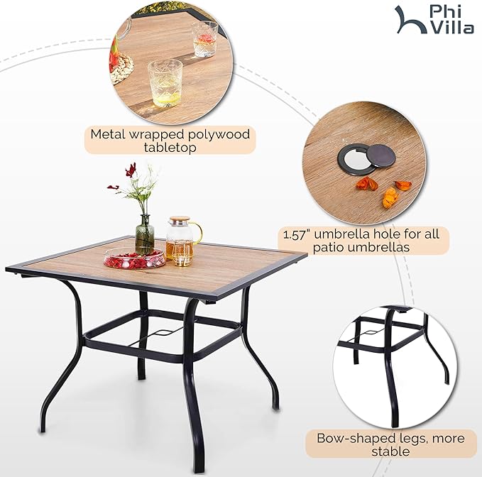 PHI VILLA Patio Wood-Like 37 inch Square Dining Table and Bistro Chairs Furniture Set of 5