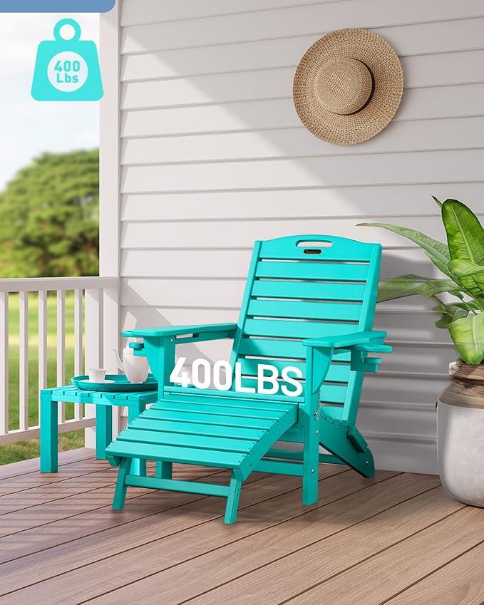Folding Adirondack Chairs Set of 2,Adirondack Chair with Retractable Ottoman,Plastic Adirondack Chairs with 2 Cup Holder,Weather Resistant Patio Chair,Outdoor Chairs Set of 2(Lake Blue)