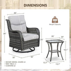 Patio Swivel Chairs with Smile-Shaped Cushions, 3 Piece High Back Patio Swivel Glider Chairs with Side Table 3PCS PE Rattan Luxury Swivel Patio Chairs Set Grey Wicker | Beige Cushions