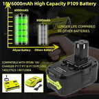 ARyee 18V Battery 6.0Ah 2-Pack, Replacement for Ryobi P107 P108 P109 Cordless Tools, Lithium-Ion Battery for Ryobi One+ 18V Power Tools