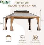 12' X 16' Hardtop Gazebo, Aluminum Wood-Looking Frame Outdoor Permanent Galvanized Steel Double Roof Pavilion Pergola Canopy with Privacy Curtains for Garden, Patio, Backyard, Deck and Lawns.