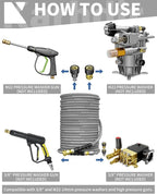 Pressure Washer Hose 100FT 3/8" for Cold and Hot Water 212°F, with Swivel Quick Connect, 4500PSI Kink Resistant Grade Steel Wire Braided, Power Washer Hose With 2pcs M22-14mm Adapter