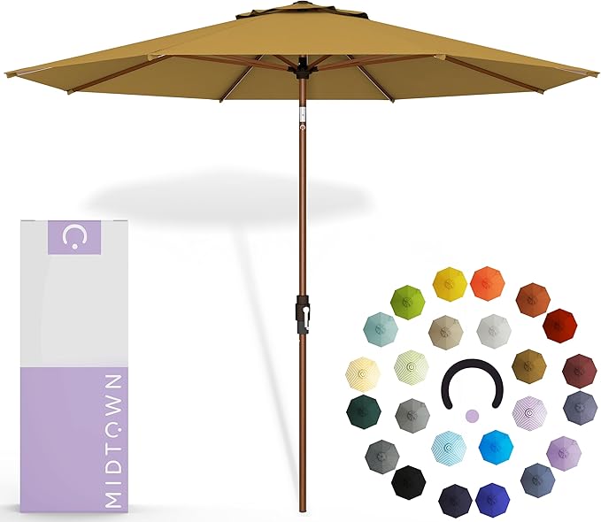Midtown Umbrellas Wooden 2-9 Feet Outdoor Patio Umbrella, Terylast Sand Tan Fabric, Aluminum Frame For Backyard Umbrella, Deck Umbrella, Garden Umbrella & Pool Umbrella - Wooden Pole
