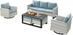 Wicker Outdoor Patio Furniture Set - 6 Piece Patio Conversation Set with 2 Swivel Rocker Chairs,2 Rattan Ottoman,1 Couch and 1 Metal Coffee Table for Outside Porch Deck Backyard(Light Grey/Sky Blue)