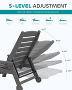 SERWALL Patio Chaise Lounge Chair Set of 2, 78'' Long 5-Positions Adjustable HDPE Outdoor Lounge Chair for Pool, Poly Lounge Chair with Rolling Wheels & Cup Holder for Poolside, Deck, Slate Gray