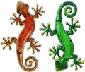 HONGLAND Metal Gecko Wall Art- 15 Inch Lizard Outdoor Decor Hanging Glass Sculpture, 2 Pack Gecko Wall Art Decorations for Garden Fence Home (Green&Orange)