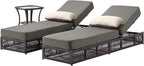 Luxury Outdoor Chaise Lounge Chairs of 2 with 5 Inch Thick Cushions and Side Table - 3 PCS High Back Brown Wicker Rattan Patio Recliners Lounger Furniture Set for Poolside Sunbathing - Grey