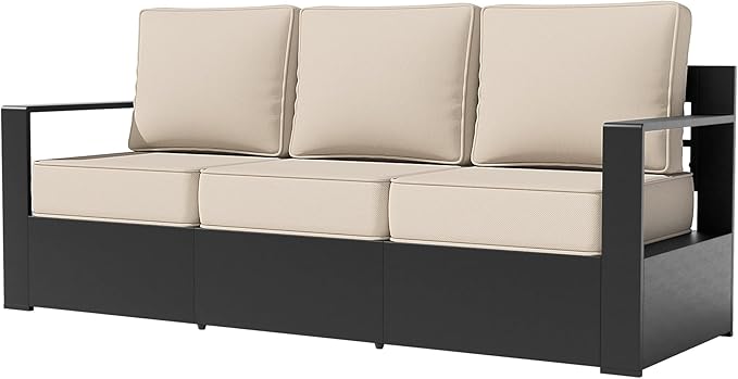Aluminum Patio Sofa - 3-Seater Outdoor Sofa with 6" Thick Water-insistant Cushions, All-Weather Use Frame, Removable Cover, Ideal for Garden, Poolside (Beige)