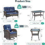 5 Piece Patio Furniture Set - Wicker Patio Conversation Set with Swivel Glider, Loveseat Bench, Tempered Glass Side Table and Coffee Table for Deck Backyard - Brown Wicker Blue Cushion