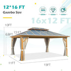 12'x16' Gazebo, YOLENY Outdoor Wood Grain Hardtop Gazebos on Clearance, Aluminum Composite Double Roof with Privacy Curtain and Mosquito Net for Patio, Lawn, Garden, Deck, Gray