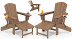 KINGYES Folding Adjustable Adirondack Chair with Ottoman & 2 Cup Holders Set of 2, HDEP Multifunctional Adirondack Chair with Footrest, Brown