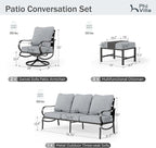 PHI VILLA 5 PCS Patio Furniture Set,Metal Deluxe Patio Set with 1 x 3 Seater Deep Seating Bench, 2 x Swivel Sofa Chairs & 2 x Metal Cushioned Ottoman, Outdoor Patio Set for Garden, Grey