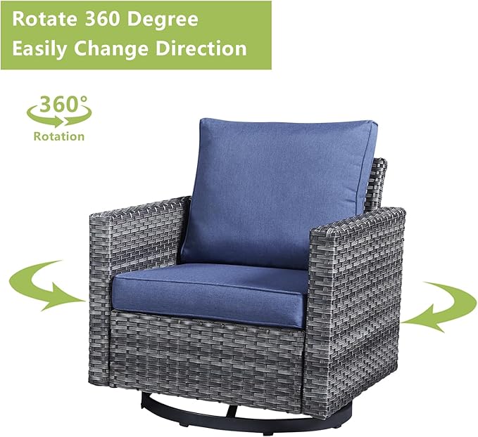 Wicker Outdoor Patio Furniture Set - 8 Piece Patio Conversation Set with 4 Swivel Rocker Chairs,2 Rattan Ottoman,1 Couch and 1 Metal Coffee Table for Outside Porch Deck Backyard(Mixed Grey/Blue)