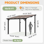 10x10FT Lean to Gazebo, Hardtop Metal Pergola with Polycarbonate Roof, Large Wall Mounted Heavy Duty Awnings, Patio Canopy for Backyard, Deck, Porch