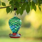 2 Packs Hummingbird Feeder for Outdoors Hanging Ant and Bee Proof, 34OZ 32OZ Hand Blown Glass Hummingbird Feeders for Outside (Yellow & Blue)