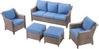5 Pieces Wicker Patio Furniture Set-Outdoor High Back Sofa with Rattan Wicker Chairs Outdoor Furniture for Porch Garden Backyard Poolside-Brown/Blue