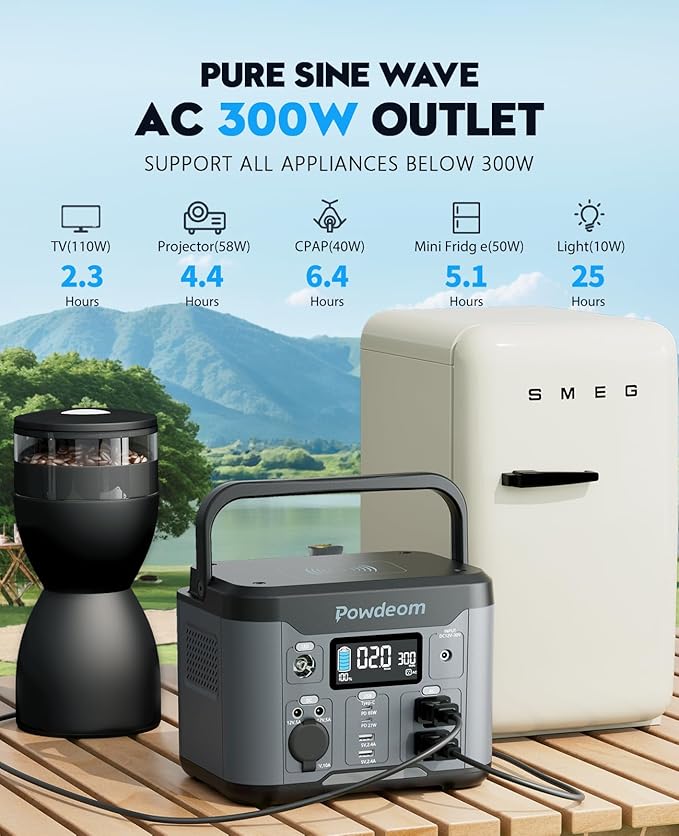300W Portable Power Station, Powdeom 296Wh Power Bank with AC Outlet, Solar Generator Laptop Charger, Battery Backup Power Supply for Camping, Outdoors, Home Emergency Outage