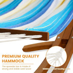Lazy Daze Hammocks Cotton Fabric Spreader Bar Hammock and 10.5 Ft Wood Arc Hammock Stand Combo, for Outdoor, Indoor, Patio, Backyard, Blue and Yellow