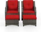 4 Piece Patio Furniture Set, 2 Chairs and 2 Ottomans PE Wicker Footstool, Outdoors Rattan Conversation Set with Deep Seating and Olefin Cushions, for Backyard, Garden, Red