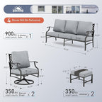 5 Piece Metal Outdoor Patio Furniture Sets, Patio Conversation Sets 1 3-Seater Sofa, 2 Swivel Chairs, 2 Ottomans with 5.75" Thick Cushion, Black All-Weather Backyard Furniture, Gray