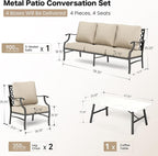Patio Furniture Set, 4 Piece Modern Metal Outdoor Patio Furniture, 3 Seater Couch, 2 Fixed Chairs, Coffee Table and 5.75" Extra Thick Cushion, Patio Conversation Set for Backyard Deck