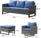 Rilyson Wicker Outdoor Patio Furniture Set - 7 Piece Patio Conversation Set with 4 Swivel Rocker Chairs,2 Rattan Ottoman and 1 Couch for Outside Porch Deck Backyard(Mixed Grey/Blue)