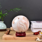 JIC Gem Large Pink Agate Crystal Sphere Ball with Wooden Stand Pink Healing Crystal Decorative Ball 90-100mm