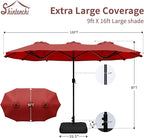 Shintenchi 16FT Large Patio Umbrella with Base, Outdoor Double-Sided Rectangular Umbrella, Market Umbrella with Crank Handle for Poolside Lawn Garden, Red