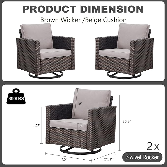 Luxury Outdoor Swivel Rocker Patio Chairs Set of 2, Swivel Patio Chairs for Porch, Yard, Deck, Poolside, Brown/Beige
