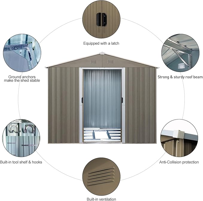 8x10 FT Outdoor Metal Shed,Tool Storage Cabinet with Floor Base and Window,Sliding Doors & Padlock,Waterproof Oversized Shelter for Shovels,Umbrellas,Grey