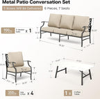 6 Piece Metal Outdoor Patio Furniture Set, Patio Conversation Sets 1 3-Seater Sofa, 4 Fixed Chairs with 5.75" Thick Cushion and Coffee Table, Backyard Furniture Set for Deck, Beige