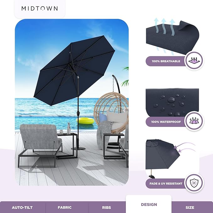 Midtown Umbrellas Sunbrella Umbrella 9 Feet Outdoor Umbrella With Canvas Navy Acrylic Fabric - Auto-Tilt Aluminum Frame Patio Umbrella For Backyard, Deck, Garden, Pool - Black Pole