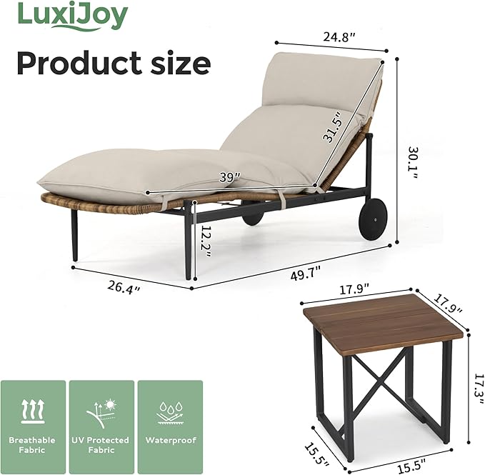 Chaise Lounge Chair Outdoor 2PCS - PE Rattan Wicker Patio Pool Lounge Chair with Cushion and Wheels, Aluminum Waterproof Lounger with Wood Side Table for Poolside Backyard Deck Porch