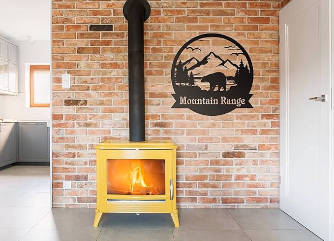 RealSteel Personalized Bear Metal Sign - Custom Outdoor Wall Art with Mountain Scene - Circular Design for Porch, Patio, Lawn & Garden Décor - Rust, 30"