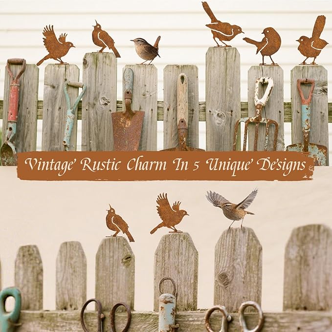 Rusty Bird Decor, Metal Yard Art, Yard Decorations Outdoor, Metal Bird Wall Art, Fence Decorations Outdoor, Rustic Garden Decor, Garden Sculptures Statues, Bird Lover Gifts (Pack of 5)