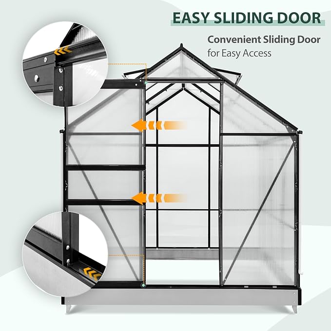 EAGLE PEAK 6x6x7 Outdoor Walk-in Hobby Greenhouse with Adjustable Roof Vent and Rain Gutter, Base and Anchor, Polycarbonate Aluminum Green House for Backyard Garden, Gray