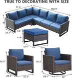 HUMMUH 8 Piece Patio Furniture All Weather 6-Seater Outdoor Sectional Sofa with Patio Swivel Chairs and Outdoor Chairs Ottomans for Porch,Garden,Backyard,Deck(Brown/Blue)