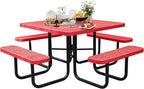 46Inch Square Picnic Table for 8 Person, Outdoor Heavy Duty Sturdy Picnic Tables with 4 Benches & Umbrella Hole, Commercial Metal Patio Picnic Table for Garden, BBQ, Coffee Store, Party, Porch (Red)