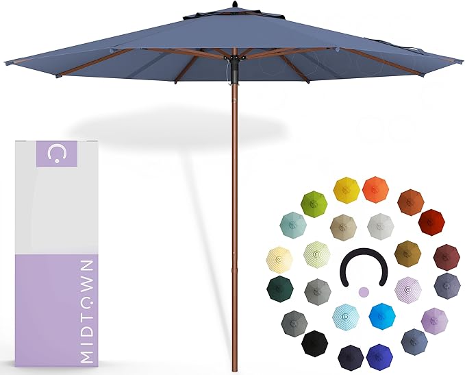 Midtown Umbrellas The Wooden 8 Feet Patio Umbrella With Terylast Light Navy Polyester Fabric - Aluminum Frame Market Umbrella For Backyard, Deck, Garden, Pool - Wooden Pole