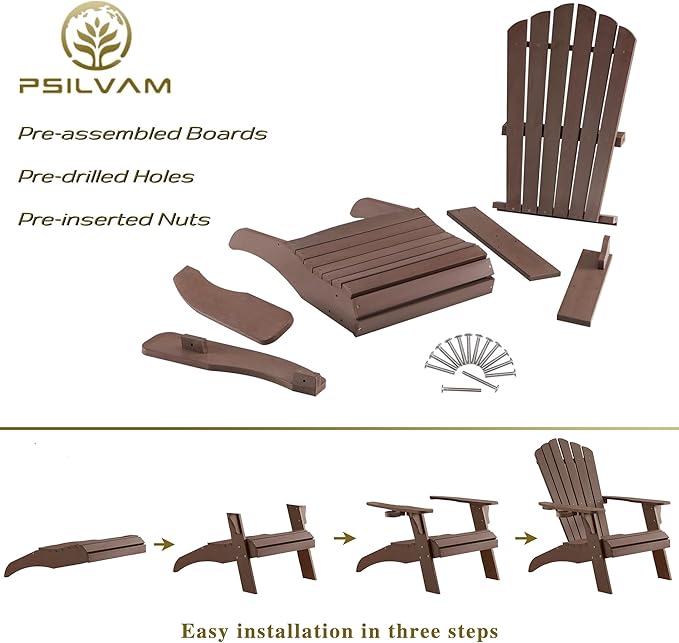 Psilvam Adirondack Chair, Oversized Poly Lumber Fire Pit Chair with Cup Holder, 350Lbs Support Patio Chairs for Garden, Weather Resistant Outdoors Seating, Relaxing Gift for Father & Mother (4, Brown)