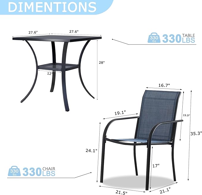 3 Pieces Round Dining Table Set for 2, Patio Dining Set Includes 2 Dark Blue Stackable Patio Chairs and 27.6" Black Metal Square Table, Patio Furniture Sets with Sling Support for Outside, Garden