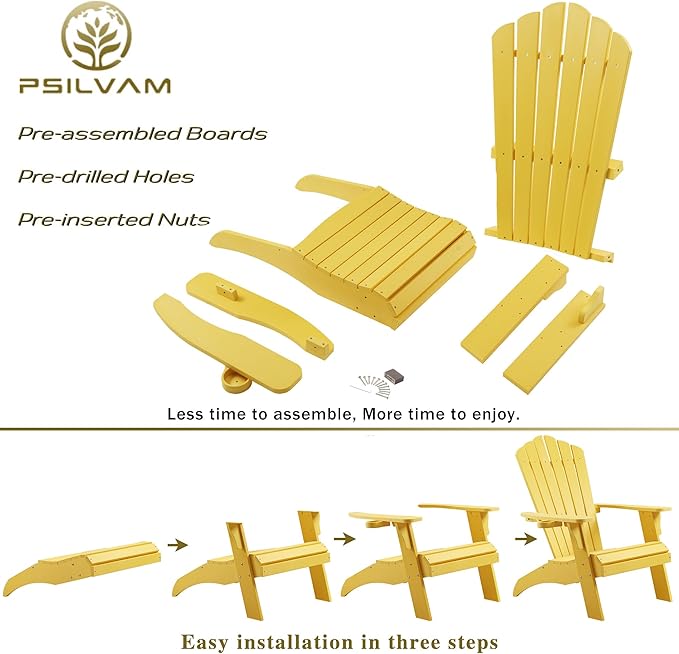 Psilvam Adirondack Chair, Oversized Poly Lumber Fire Pit Chair with Cup Holder, 350Lbs Support Patio Chairs for Garden, Weather Resistant Adirondack Chair Looks Like Real Wood (4, Yellow)