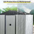 4x8 FT Outdoor Storage Shed, Metal Garden Shed with Frame Floor, Outside Tool Shed with Lockable Sliding Doors, Waterproof Storage Building with Sloped Roof for Backyard, Patio, Lawn, White+Black