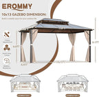 EROMMY 10' x 13' Gazebo Polycarbonate Double Roof Canopy Outdoor Aluminum Frame Pergola, Permanent Pavilion with Netting and Curtains for Garden Patio Lawns Parties
