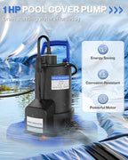 Automatic Pool Cover Pump - 1 HP 3500 GPH Submersible Water Pump with Check Valve and 3 Adapters, 29.5FT Cord for Pumps Above Ground Automatic On/Off System, Sump Pump for Basement Floods, Pond Pump