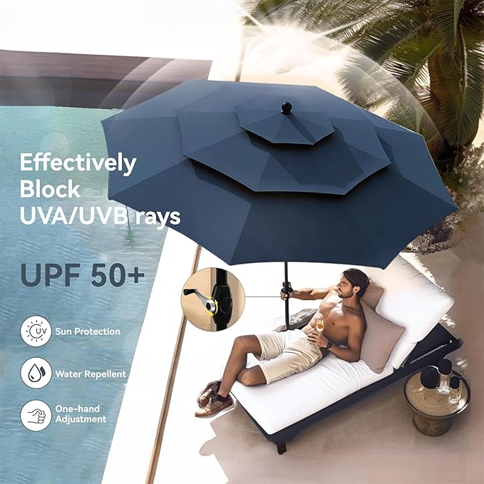 PHI VILLA 5 Pieces Outdoor Dining Set with Umbrella for 4, Round Metal Iron Dining Table & Wicker Chairs with Cushions & Large Blue Umbrella, Morden Dining Furniture for Patio, Deck, Yard, Porch